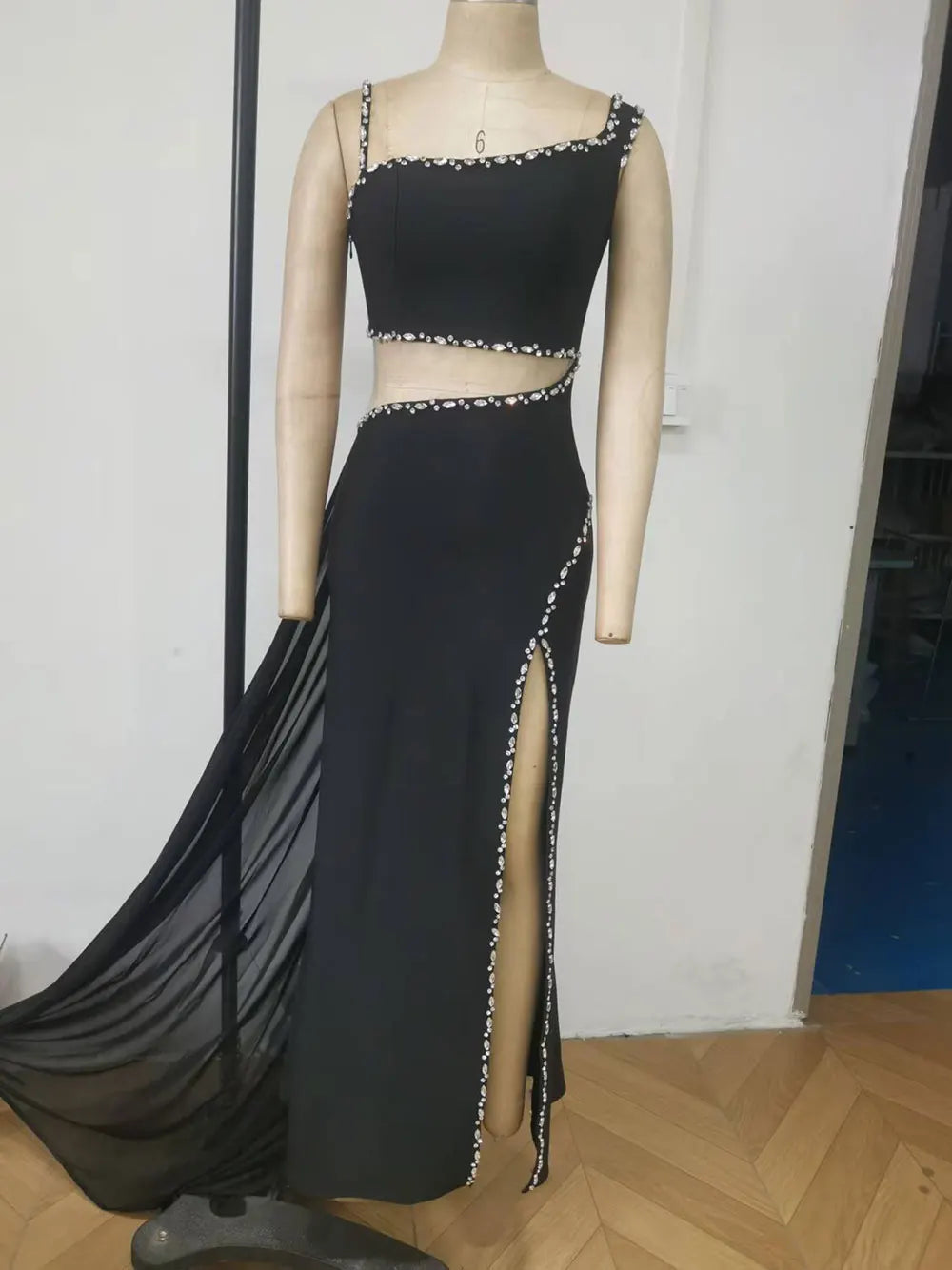 2025 Sexy Women's Light Luxury Water Diamond Waist Long Bandage Dress Sleeveless Bodycon Maxi Dress Evening Club Party Vestidos black