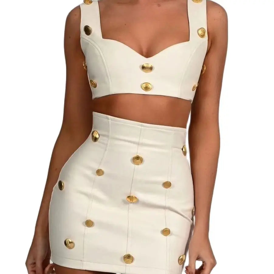 2023 New Summer Beige Color Golden Buttons Short Tank Top And Mini Skirt Set 2 Pieces Hotsweet Woman Evening Party Outfit