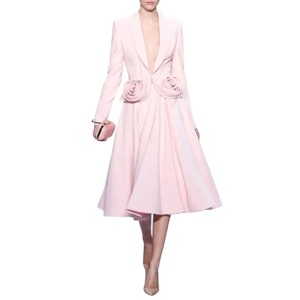 Elegant Two Piece Set For Women Shawl Collar Long Sleeve Spliced Appliques Top High Waist A Line Skirt Slim Sets PINKSET