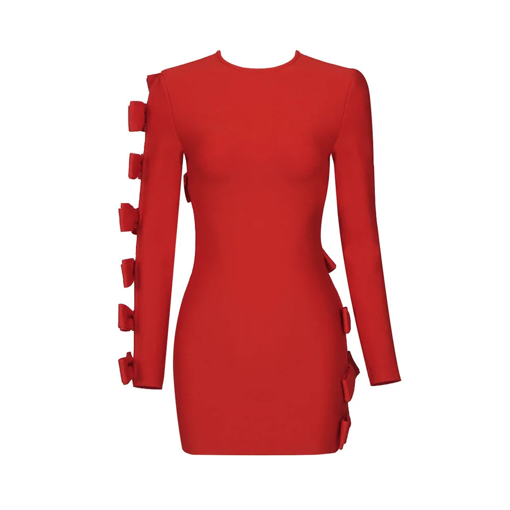 Women Sexy Bandage Dresses New Fashion Bow Long Sleeve Clothes Club Party Hollow Out Dresses Red