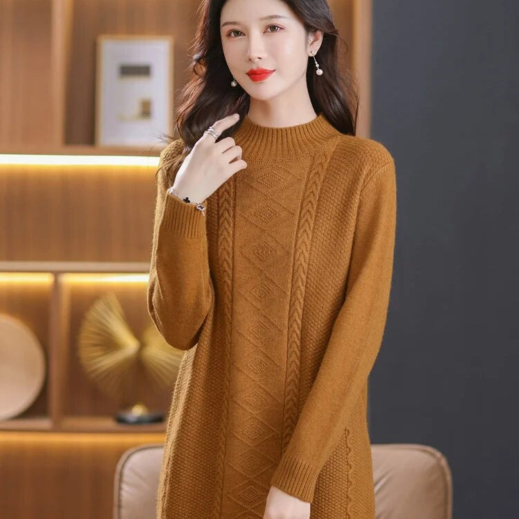 XJXKS Winter Warm Thickened Wool Knit Dress Mid-length Womens Clothing Jumper 2024 New Solid Colour All-match Pullover