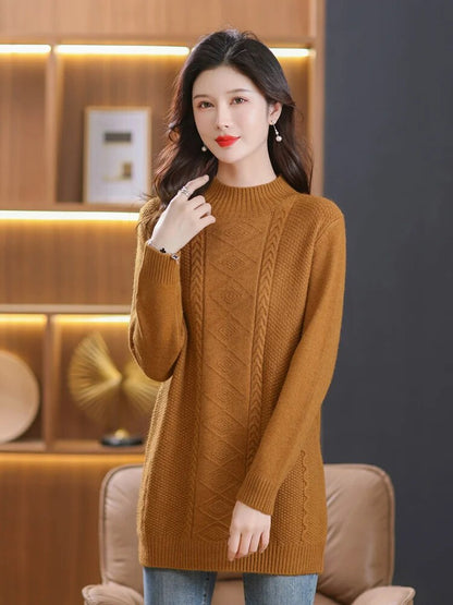 XJXKS Winter Warm Thickened Wool Knit Dress Mid-length Womens Clothing Jumper 2024 New Solid Colour All-match Pullover