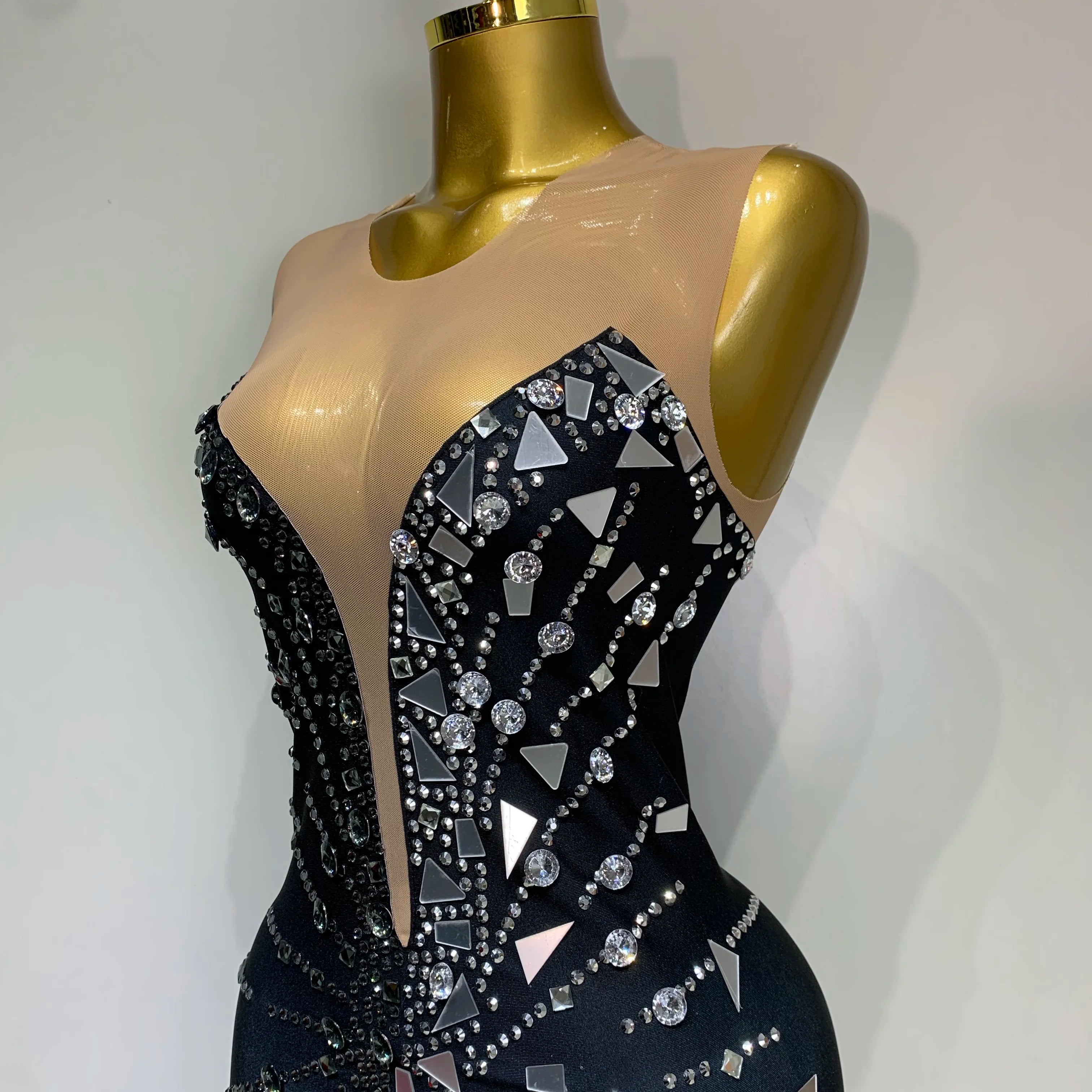 Black bowknot Lens Patchwork Dress Rhinestones Dress Women Party Long Dress Celebrate Evening Prom Dress Stage Festival Outfit