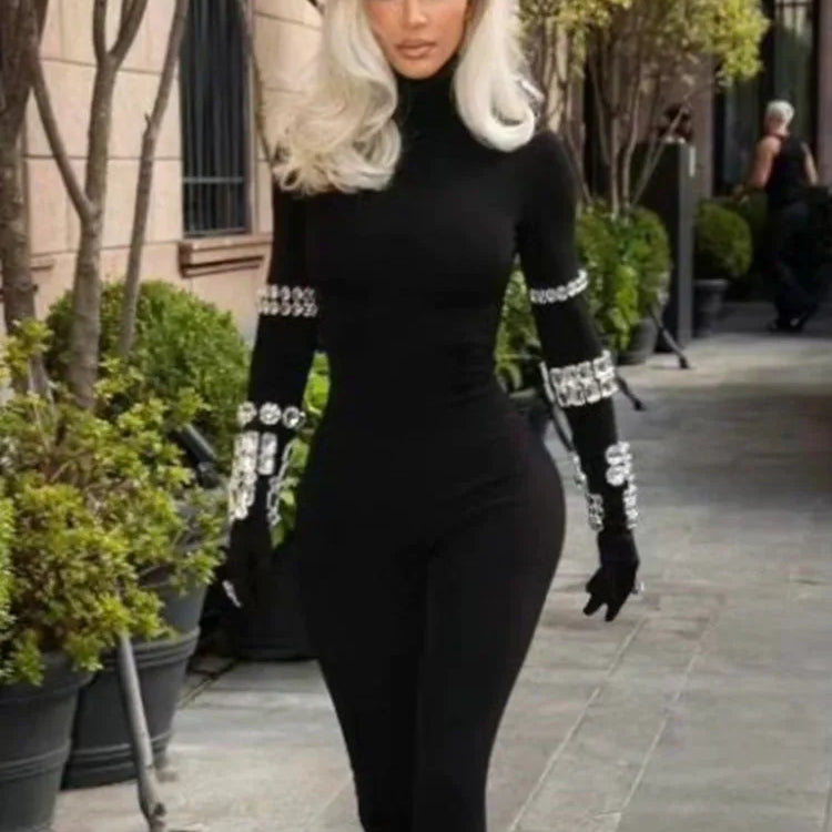 Celebrity Red Carpet Jumpsuit Women Long Sleeve Sexy Big Crystal Bodycon Bandage Jumpsuit Nightclub Party Celebrate Wear