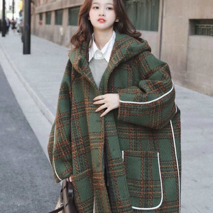 Autumn Winter Long Oversized Warm White Patchwork Plaid Wool Blends Trench Coats Women with Hood Runway Korean Fashion Green