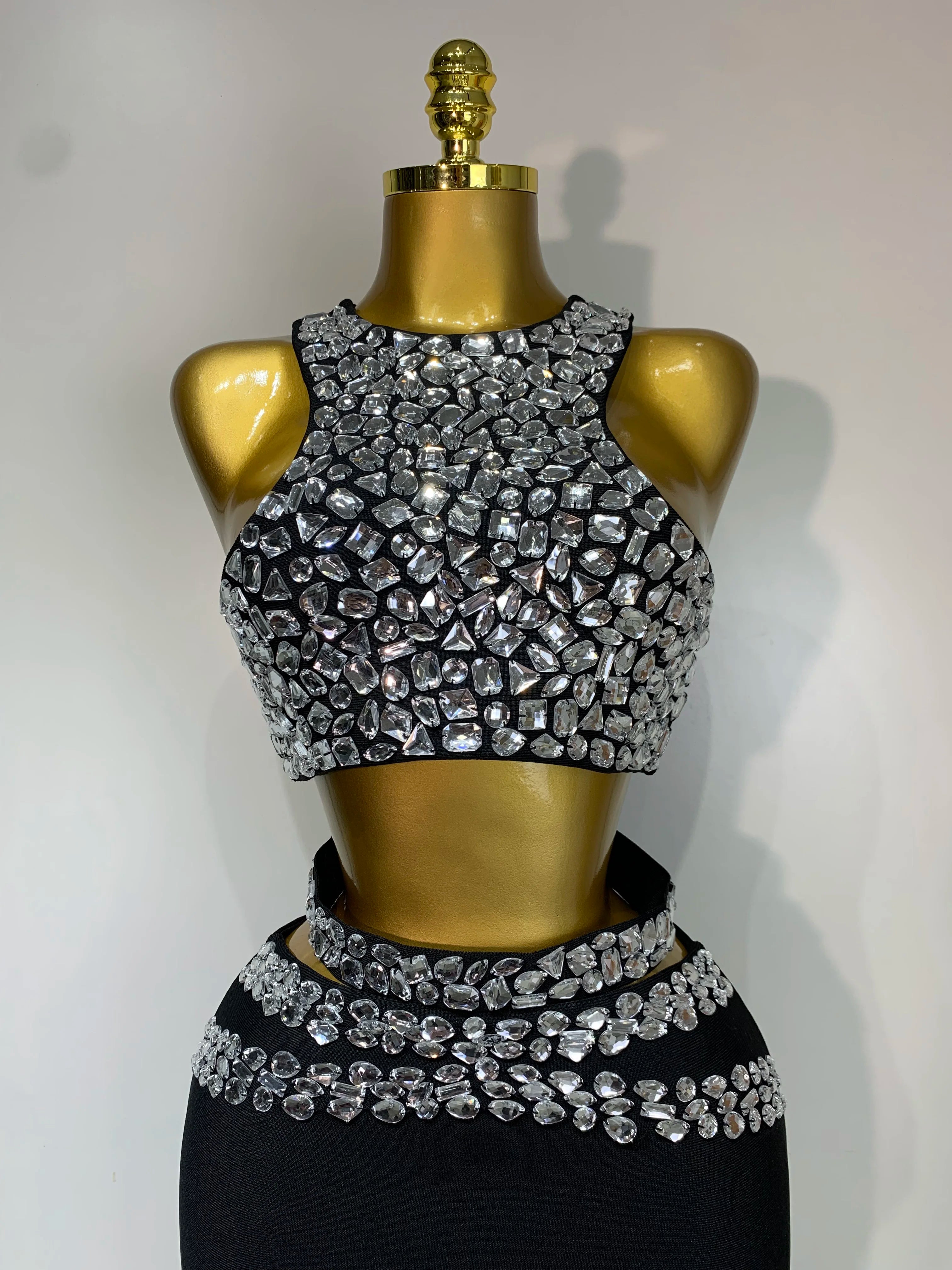 Sparkly Crystal Bodycon Long Bandage Dress 2025 Women Sexy Top Two Pieces Set Nightclub Elegant Party Birthday Stage Costume