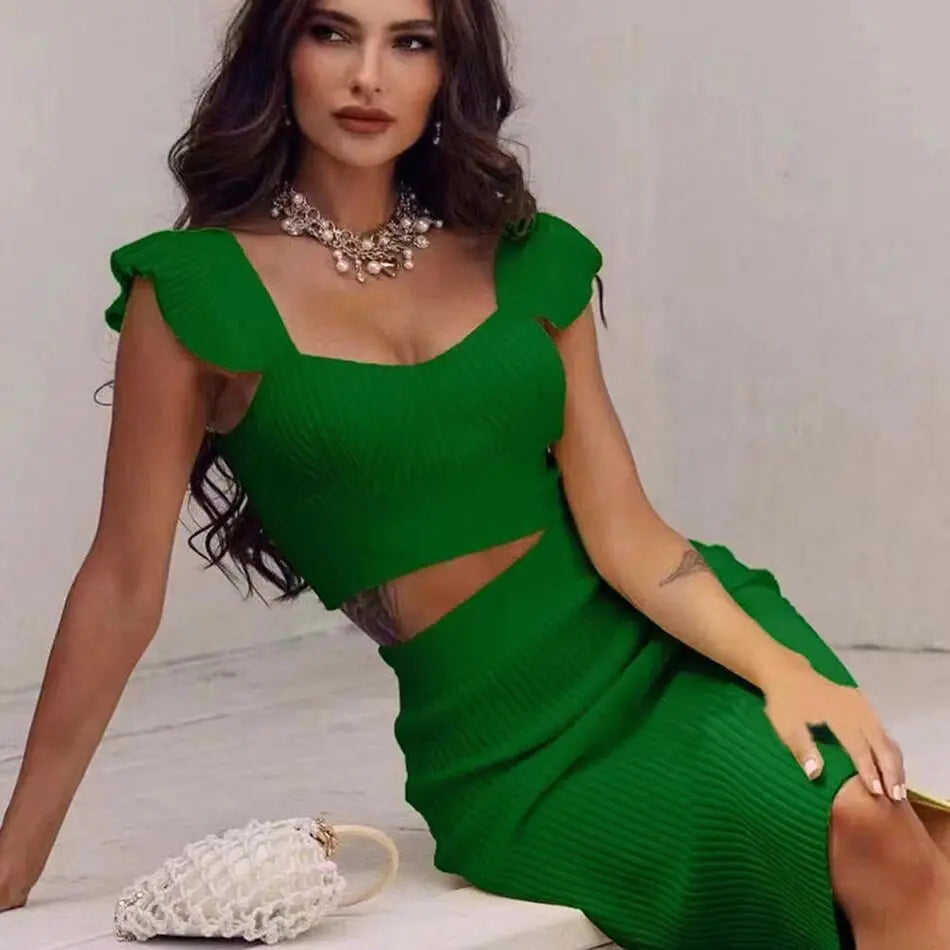 Celebrity Sexy Fashion Green Yellow Ruffles Bodycon Rayon Two Pieces Bandage Dress Two Pieces & Skirt Set