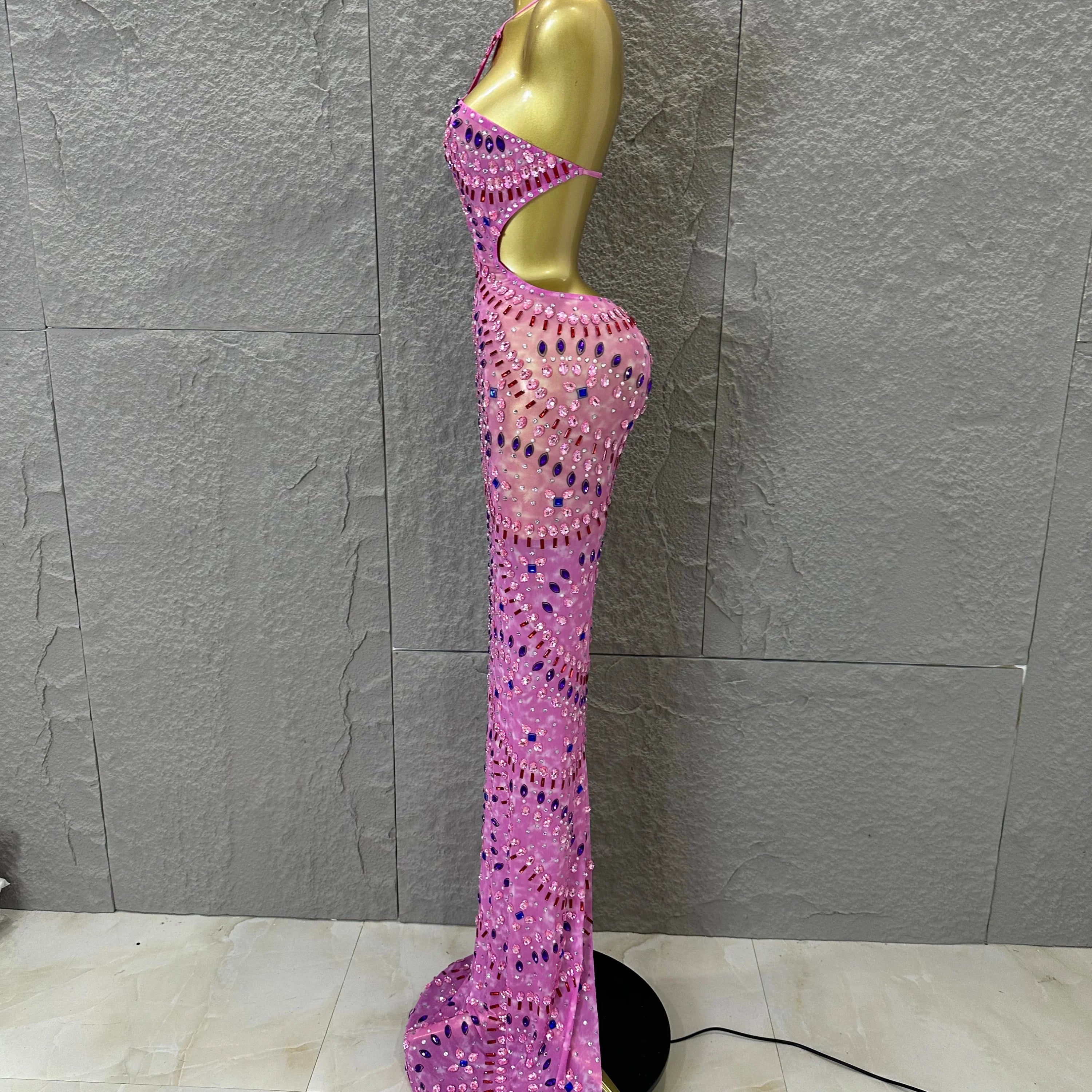 Women Sexy Cutout Full Crystal Embellished Bodycon Mermaid Outfit Sheer Mesh Maxi Dress Stage Performance Evening Party Costume