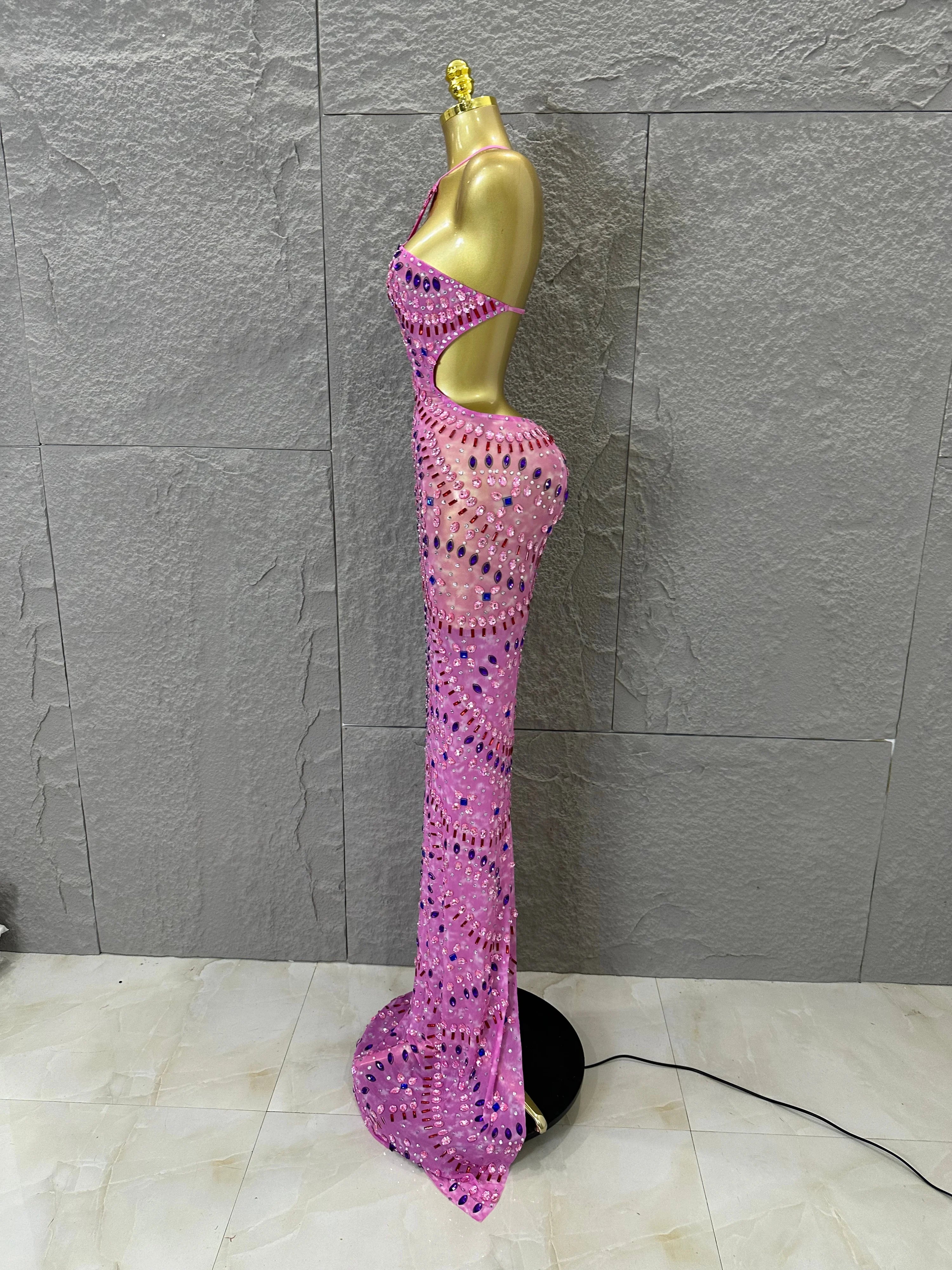 Women Sexy Cutout Full Crystal Embellished Bodycon Mermaid Outfit Sheer Mesh Maxi Dress Stage Performance Evening Party Costume