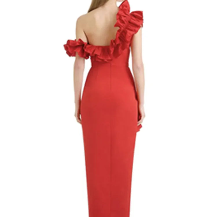 Women Celebrity Sexy Off Shoulder Ruffles Black Red Split Midi Bodycon Bandage Dress 2024 Elegant Evening Club Party Outfit