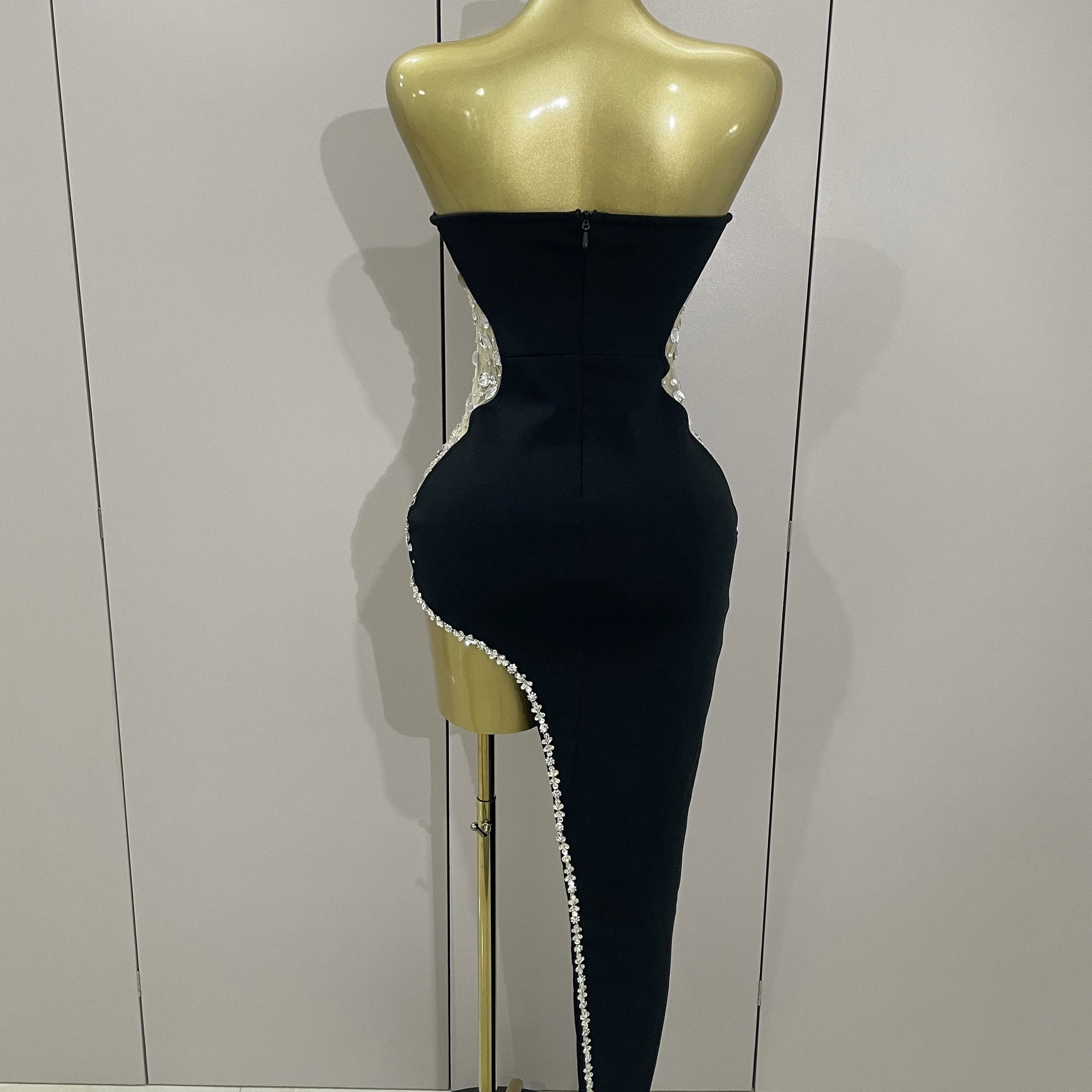 Newest Sexy Strapless Shinning Rhinestones Bodycon Bandage Long Dress Women Fashion Celebrate Evening Party Vestido