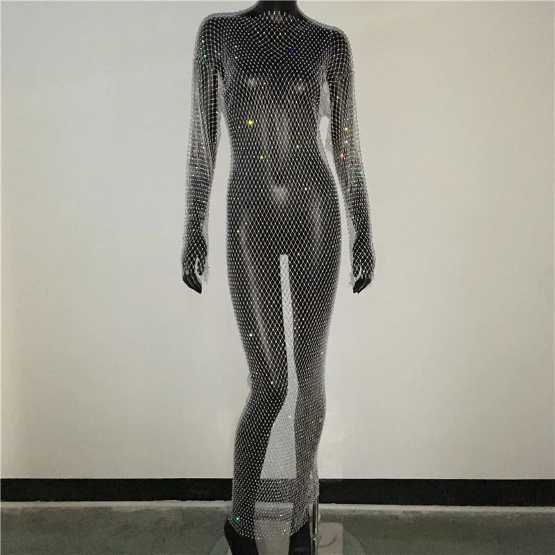 Y2K Sexy Shiny Rhinestones Grid Fishnet Dress Long Sleeve Hollow Out Side Slit Dress Beach Cover Up Breathable Lady Vestidos White Normal One Size