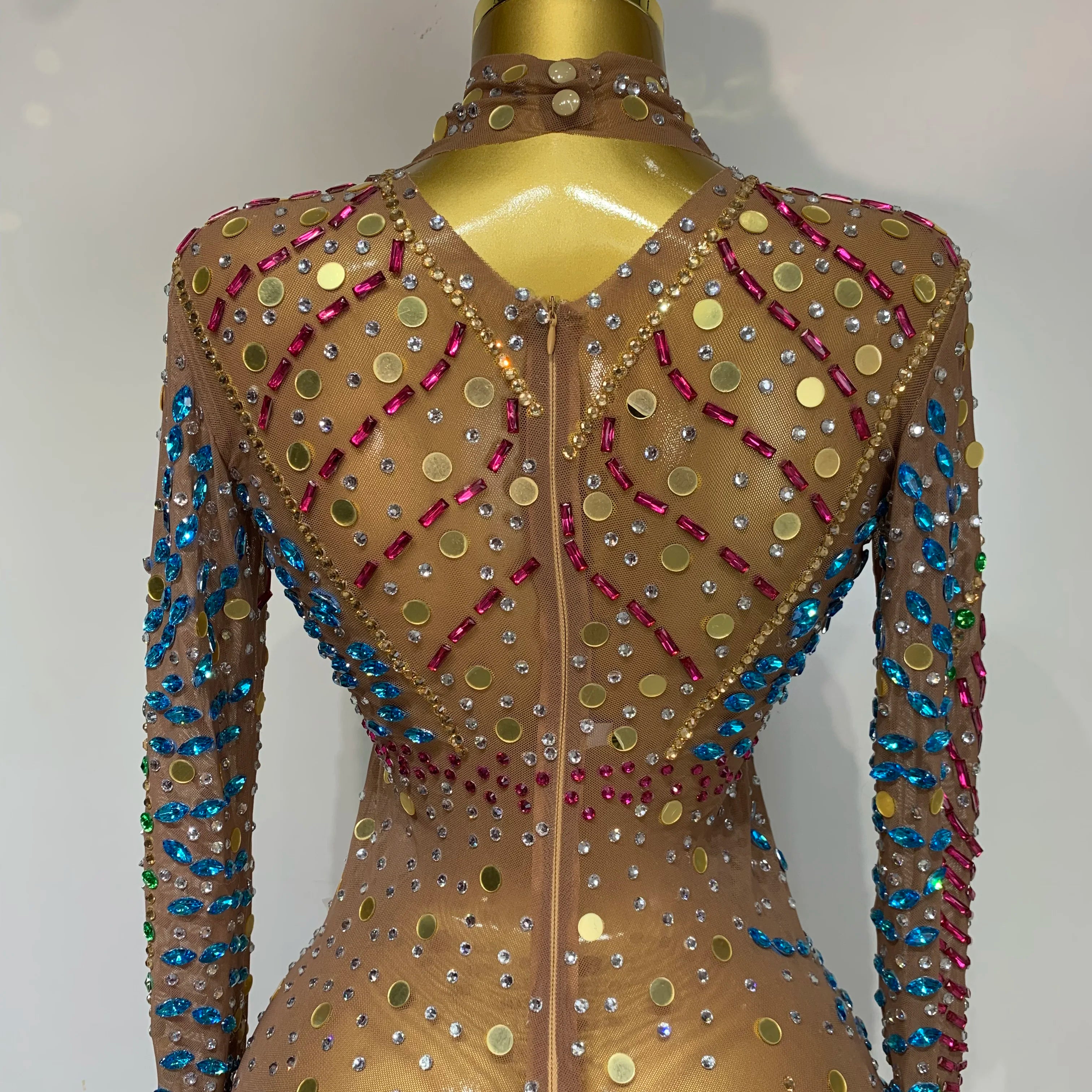 Women Sparkly Rhinestone See Through Elastic Mesh Women Long Dress Evening Prom Birthday Party Wear Club Performance Costume