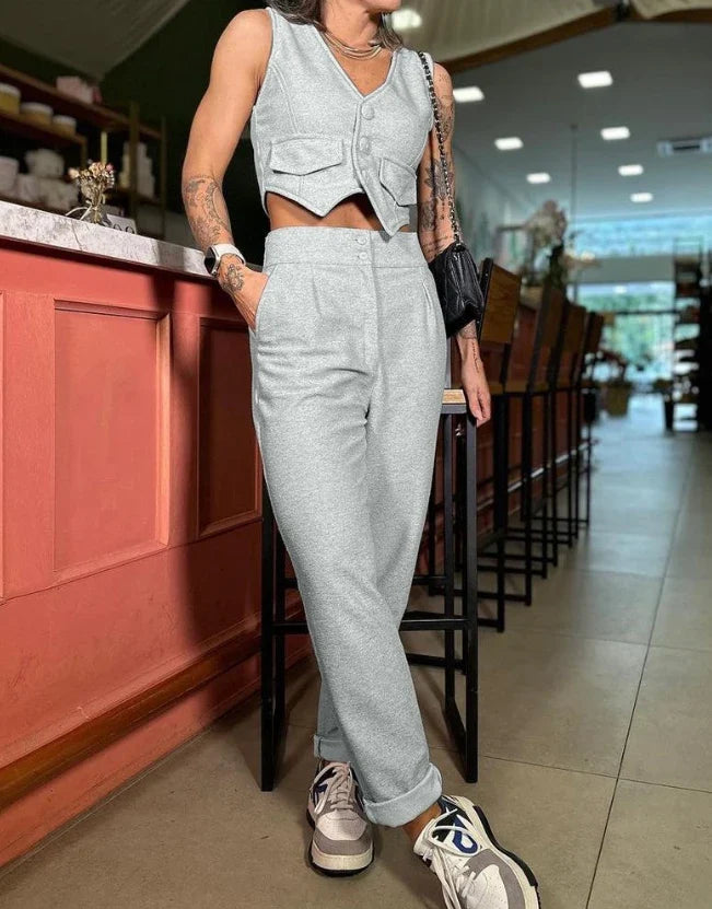 Two Piece Set Women Outfit 2023 Summer Fashion V-Neck Buttoned Sleeveless Vest Top & Casual High Waist Pocket Daily Pants Set