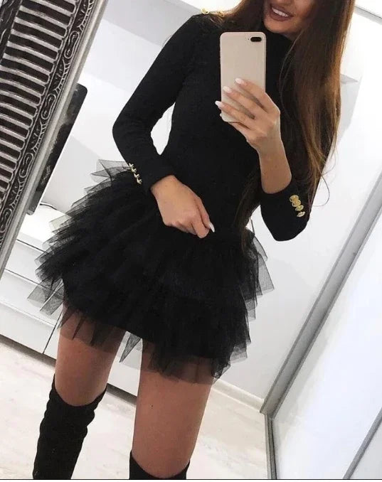Mini Dress for Women 2023 Fashion Layered Ruffles Mesh Long Sleeve Sexy Party Skinny Dress Elegant Casual Female's Skirt Winter A