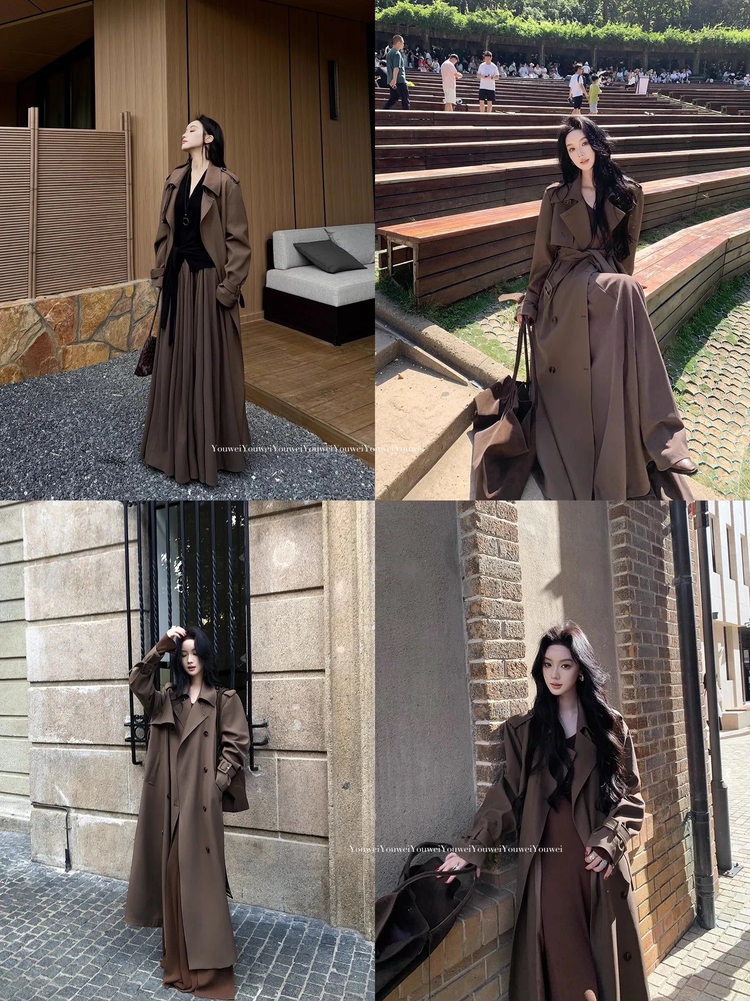 Lautaro Spring Autumn Long Flowy Coffee Trench Coat for Women Belt Double Breasted Loose Casual Overcoat Korean Clothes 2025