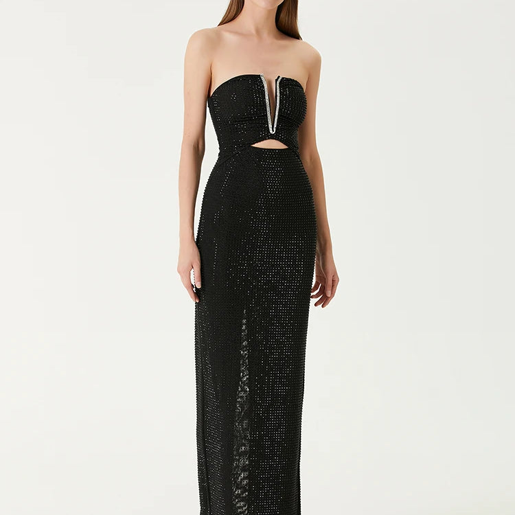 Strapless V Neck Sparkling Diamonds Bandage Long Dress Women Black Sleeveless Backless Shiny Bodycon Celebrity Evening Gowns