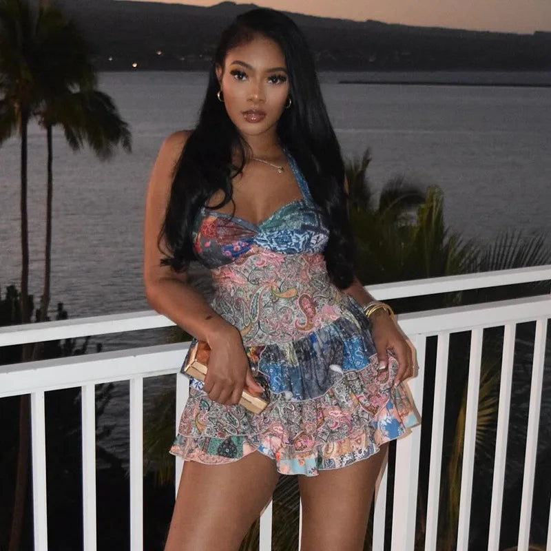 Women Halter Sleeveless Strapless Ruffles tiered Mini Dress 2025 Summer Holiday Sexy Beach Party Birthday Street Dresses Mixed