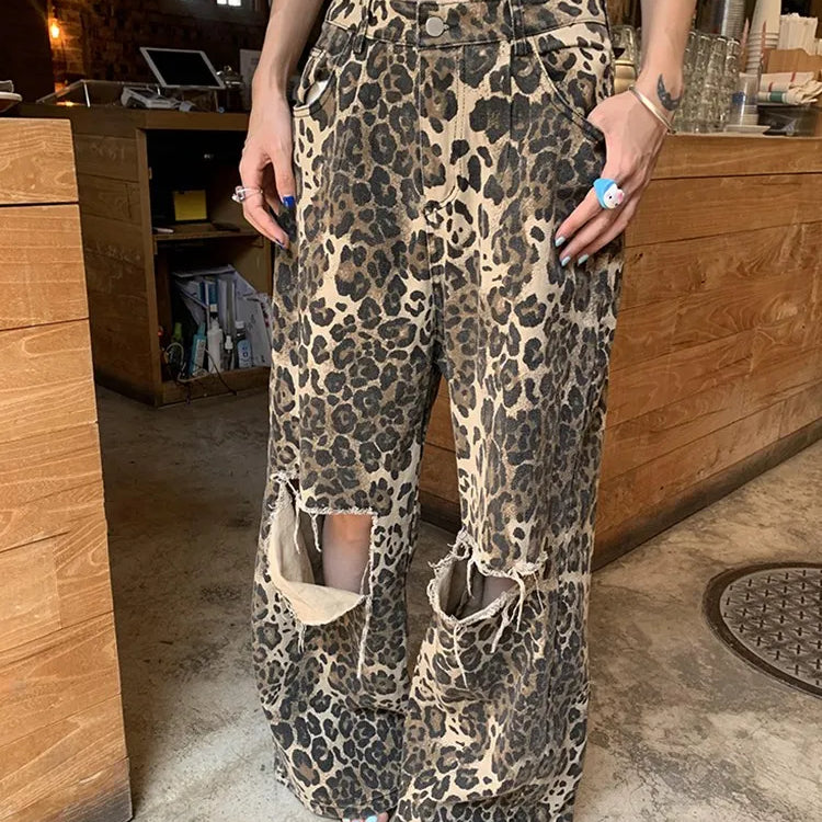 Colorblock Leopard Hollow Out Denim Pants For Women High Waist Spliced Pocket Wide Leg Jeans Female Fashion New