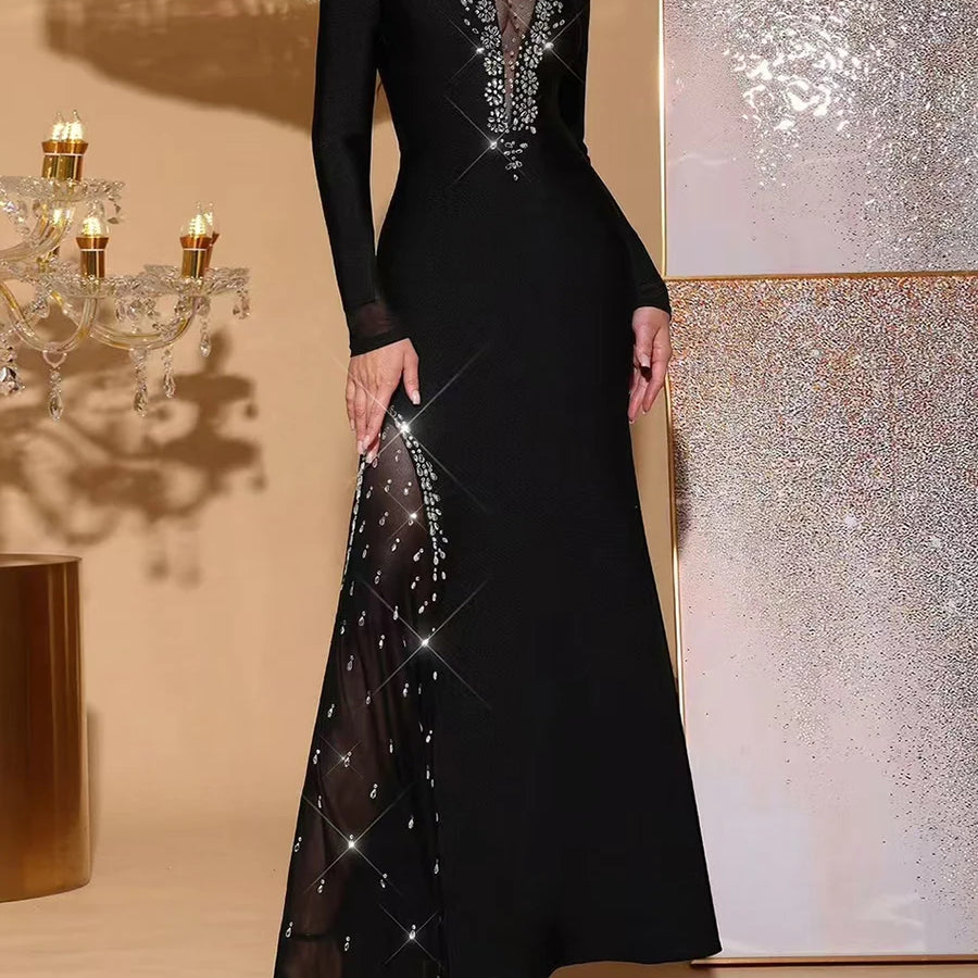 Solid Slimming Spliced Diamonds Dresses for Women Round Neck Long Sleeves Patchwork Mesh Dress Female Clothing New BLACK