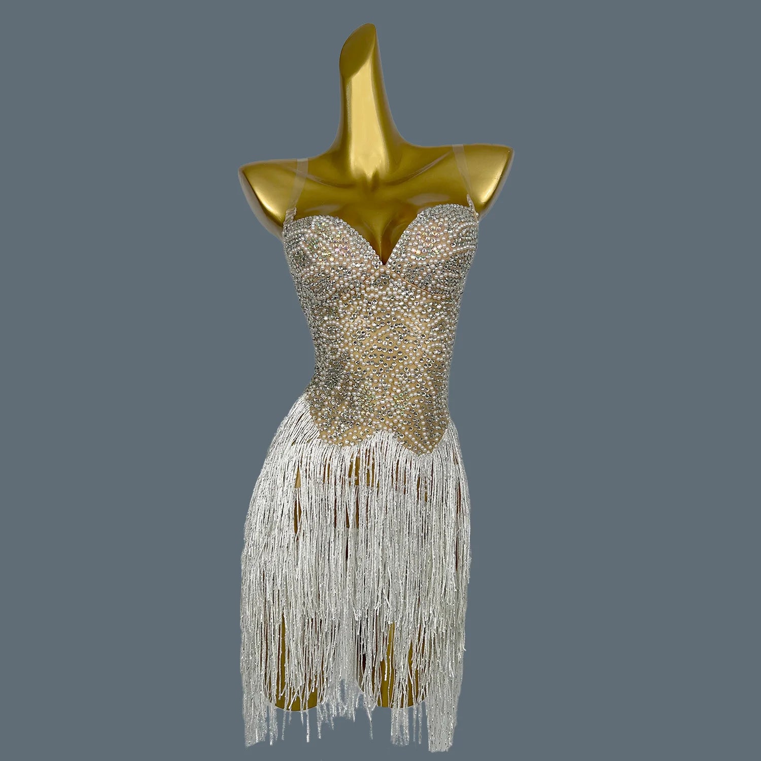 Pearls Rhinestone Strapless Tassel Mini Dress for Sexy Women Club Singer Show Dance Wear Birthday Party Carnival Dress Qiaqia Gold