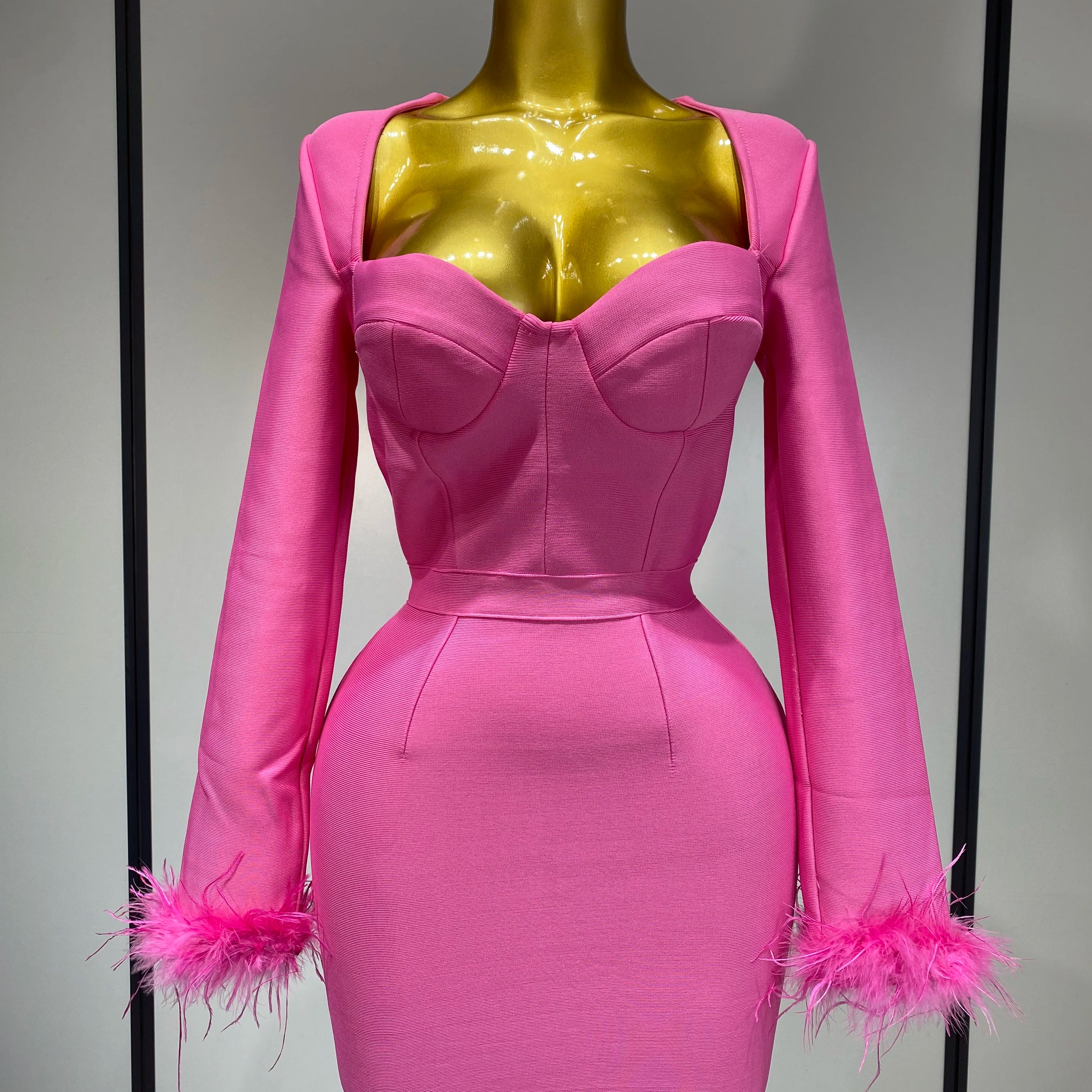 Women Fashion Sexy Long Sleeve Feathers Mini Bodycon Bandage Dress 2025 Elegant Evening Party Club Luxury Birthday Dresses Pink
