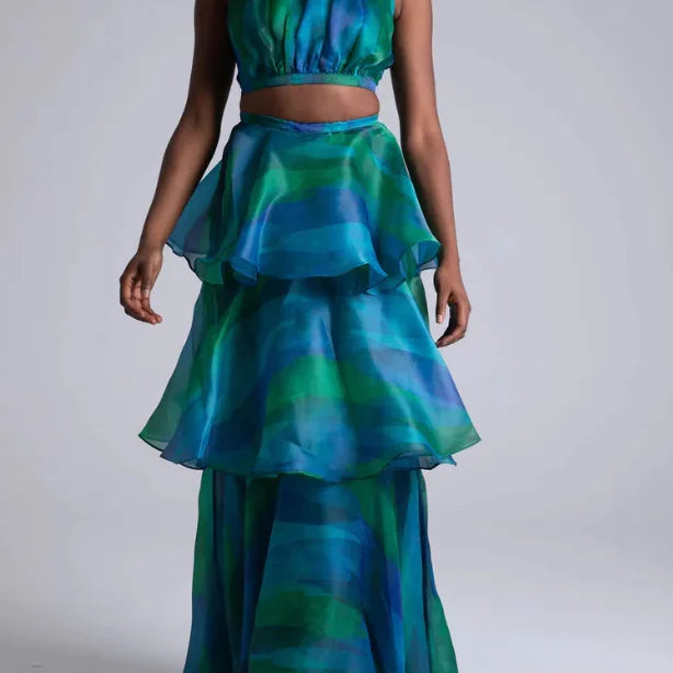 Women Dress Sleeveless Printed Vest Long Ruffles 2024 Summer Beach Sexy Night Party Dresses Outfits Blue-green