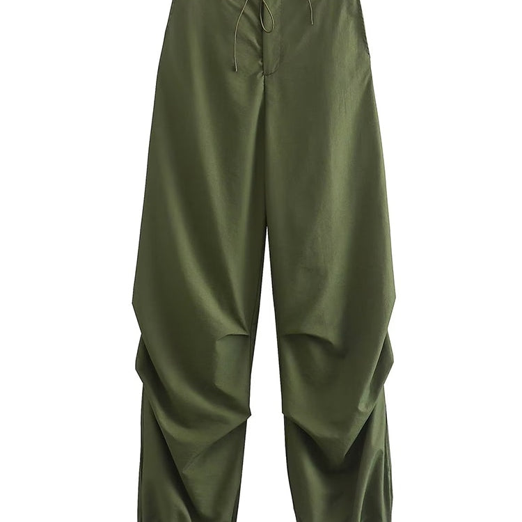 TRAF Women Fashion Side Pockets Pleats Knee Jogging Pants Vintage High Elastic Waist With Drawstring Female Trousers Mujer as picture 2