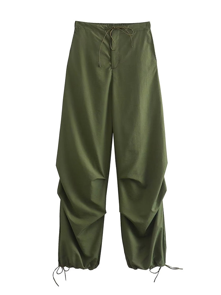 TRAF femmes mode poches latérales plis genou Jogging pantalon Vintage taille haute élastique avec cordon femme pantalon Mujer 