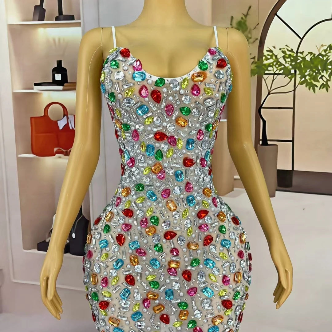 2025Multicolour Sparkly Rhinestone Sexy Strap Dress Women Nightclub Prom Skinny Dress Birthday Celebrate Prom Mini Dress Caixing