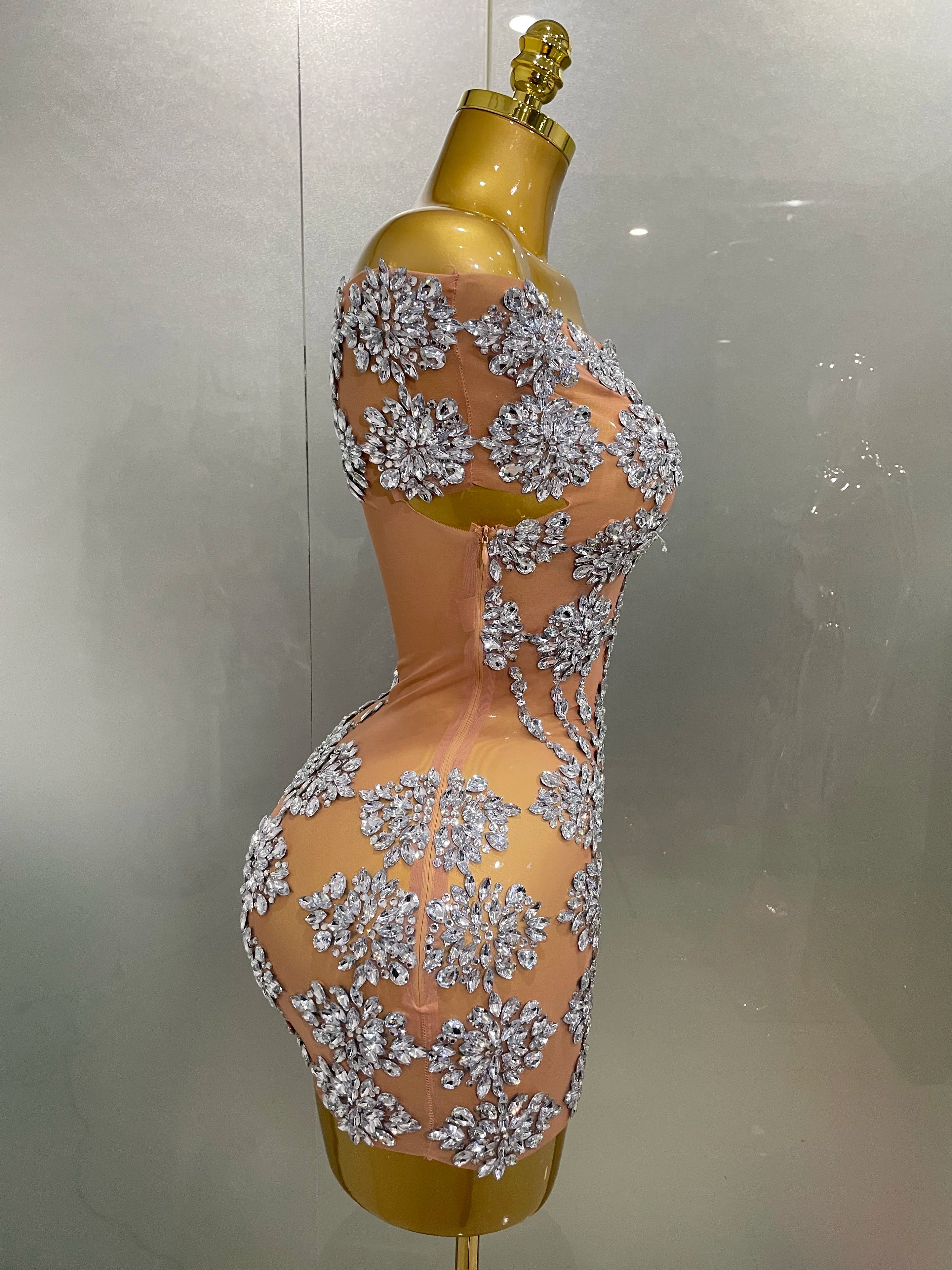 Luxury Sparkly Rhinestone Mesh Mini Dress 2025Women Sexy Nightclub Party Dance Performance Costume Singer Dancer Show Stage Wear