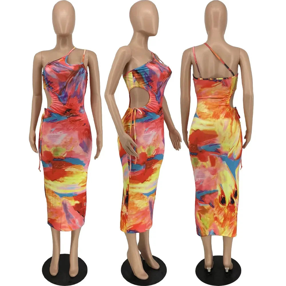 2022 Tie Dye Summer Womem Bodycon Bandage Spaghetti Strap Skew Neck Sleeveless Midi Dress Sexy Party Evening Club Dress