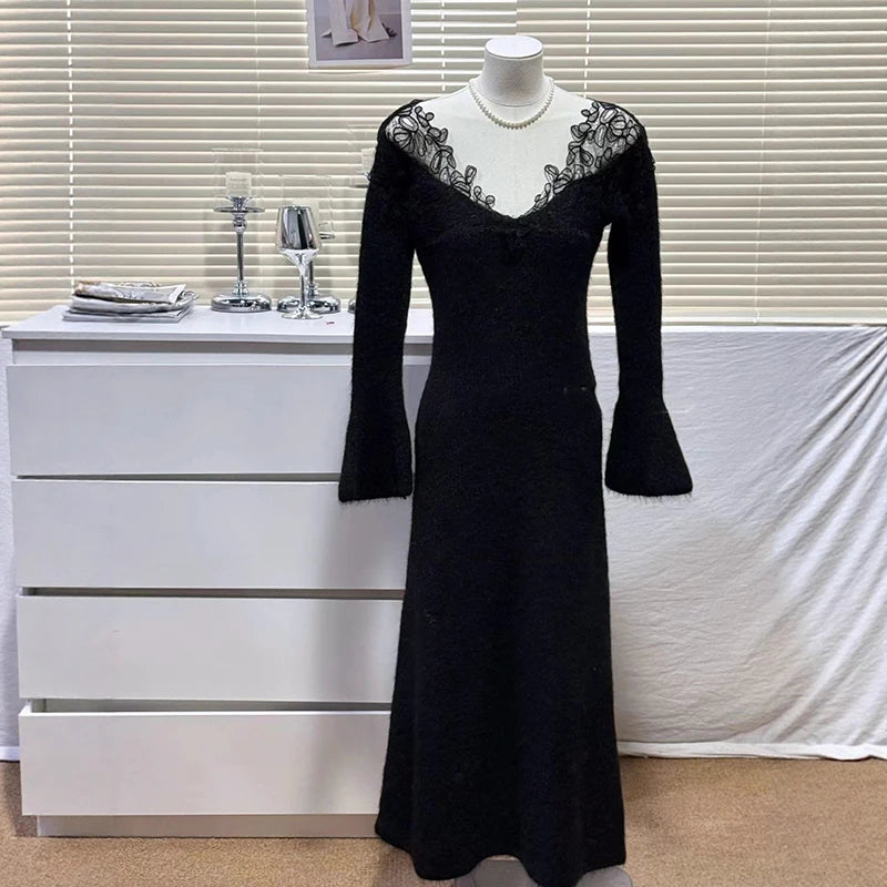 Autumn Winter New Elegant Style Lace V-neck Knitted Sweater Dresses For Women Evening Party Dress Female 11A07910 Black One Size