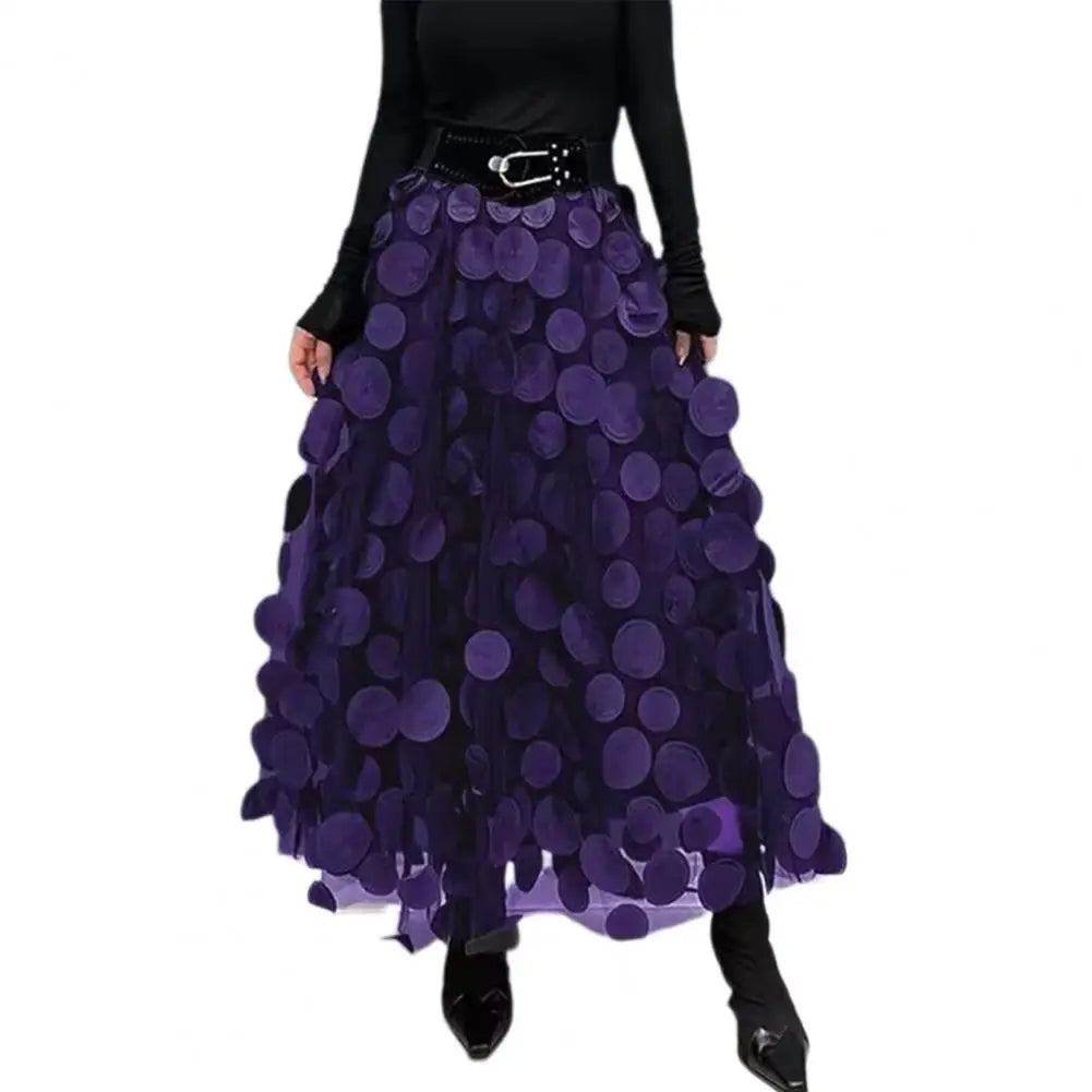 Women High Waist Skirt Hem Skirt Vintage A-line Maxi Skirt with 3d Dot Decor High Waist Women's Retro Solid Color Long Elastic Purple