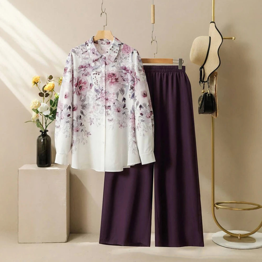 Plus Size Rafiah Women's Sets Summer Casual Decent Full Print Long Sleeve Single Breasted Natural Waist Ankle Daily Sets Dark Purple