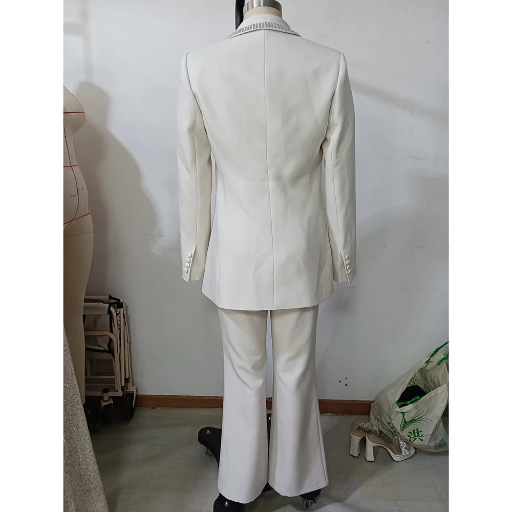 Solid Hollow Out Elegant Two Piece Sets for Women Lapel Long Sleeves Spliced Hot Fix Top High Waist Pant Set Female