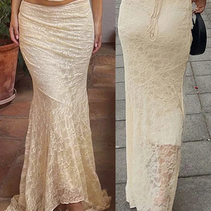 Women Lace Fishtail Skirt Casual for Beach Vacation See Through Mid-Waisted Maxi Skirts Women Autumn Spring