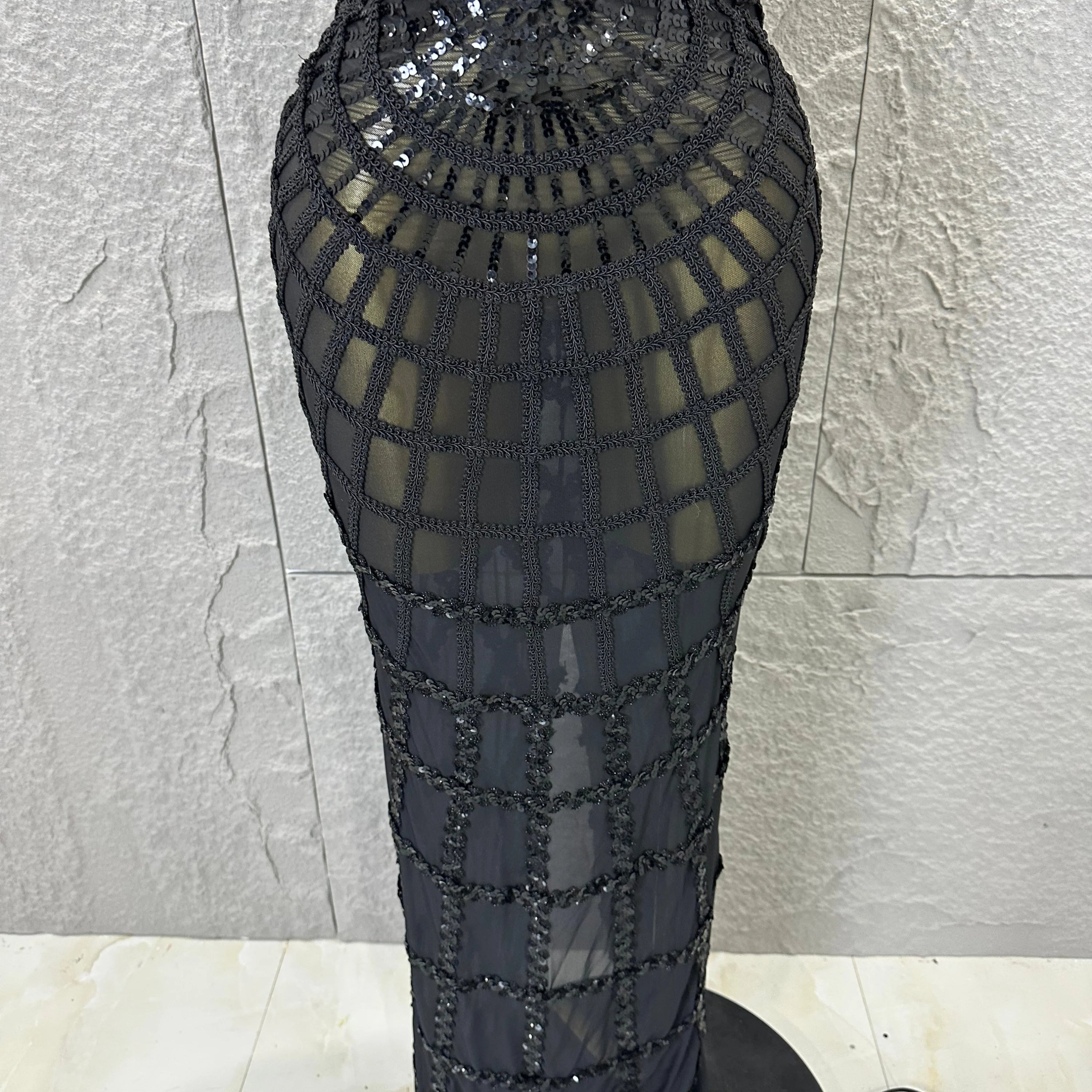 Women Sexy Strapless 3D Grid Embellished Bodycon Mermaid Outfit Stage Performance CostumeElegant Sequined Sheer Mesh Maxi Dress