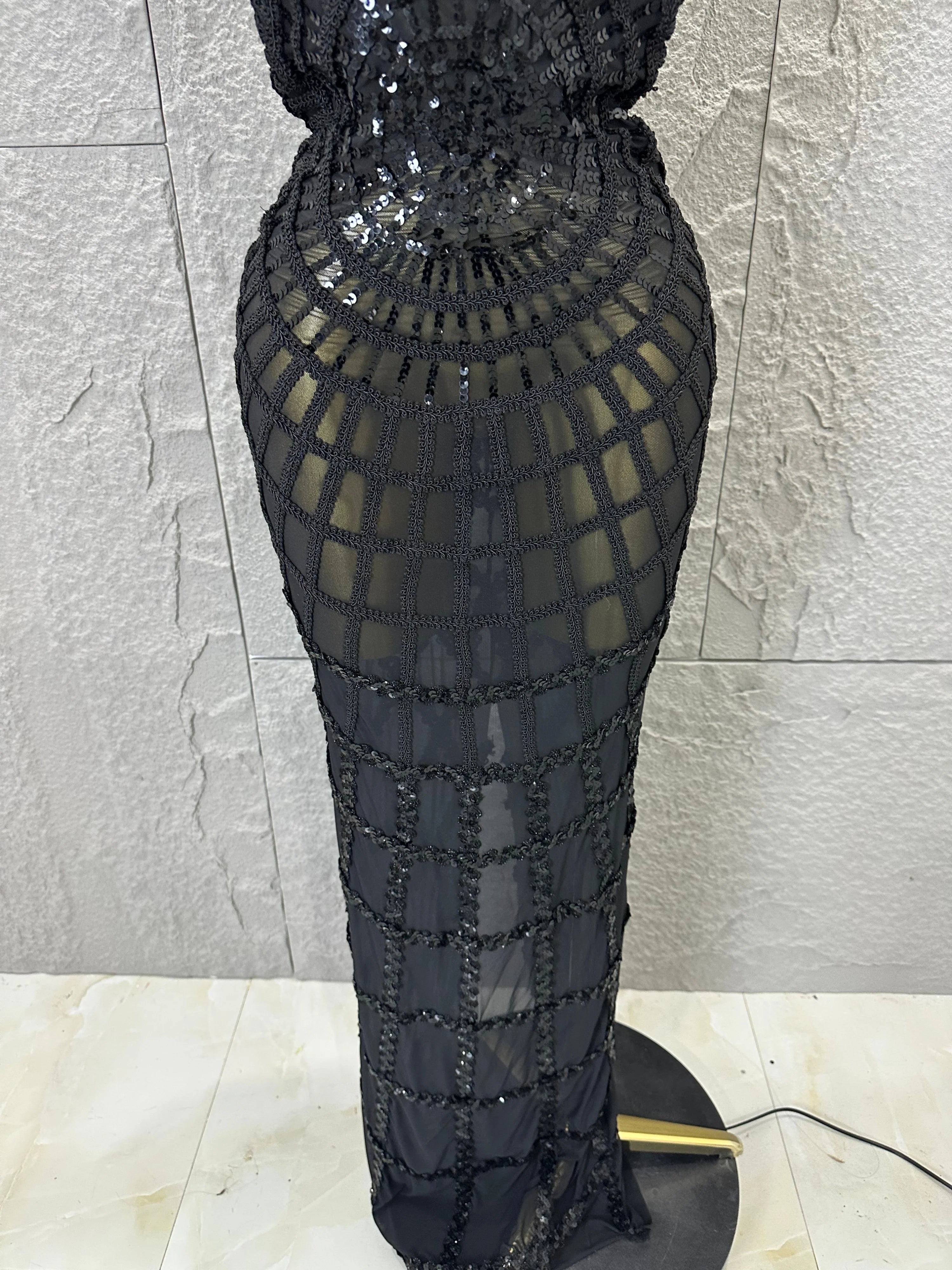 Women Sexy Strapless 3D Grid Embellished Bodycon Mermaid Outfit Stage Performance CostumeElegant Sequined Sheer Mesh Maxi Dress