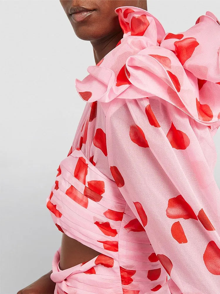 Print Patchwork Floral Cut Out Dress For Women V Neck Long Sleeve High Waist Folds Mini Dresses Female Clothes New