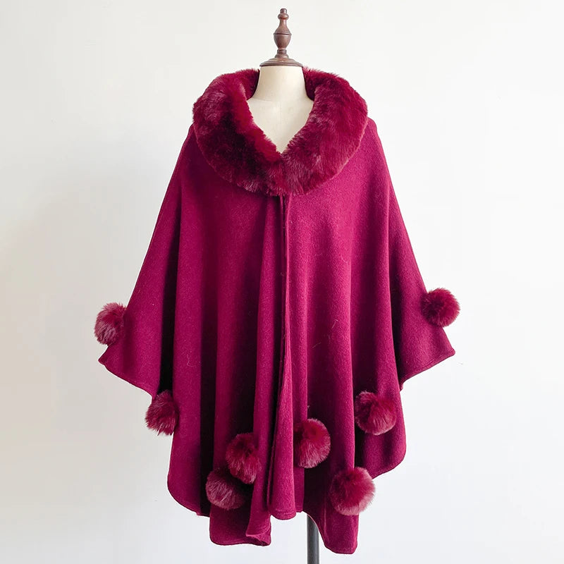 Winter New Thicken Mink Wool Full Trims Faux Fur Cape - Women's Hooded Loose Fleece Cloak Coat for Party Dress Wraps Warm Fuchsia