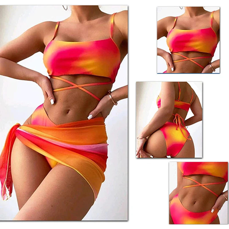 Sexy Womens 3 Pieces Bikini Set Tie Dye Swimsuit Beachwear Summer Fashion Push Up Comfortable Mesh Skirt Suit for Ladies