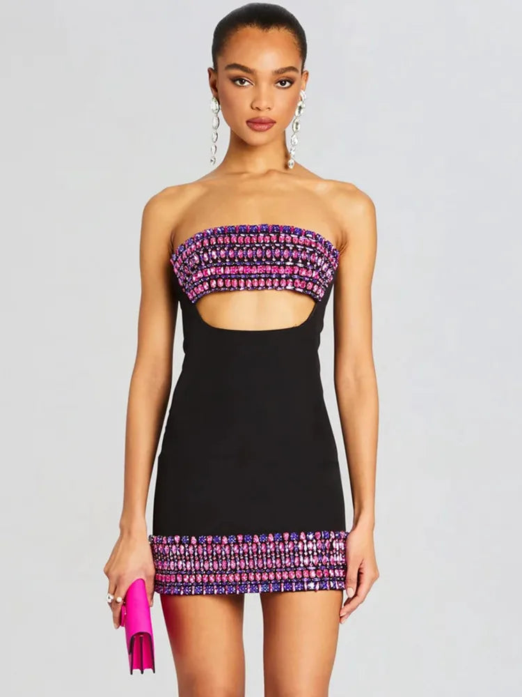 Women Celebrity Luxury Sexy Strapless Backless Pearl Cut Out Black Bodycon Bandage Dress Elegant Evening Club Party Outfit black