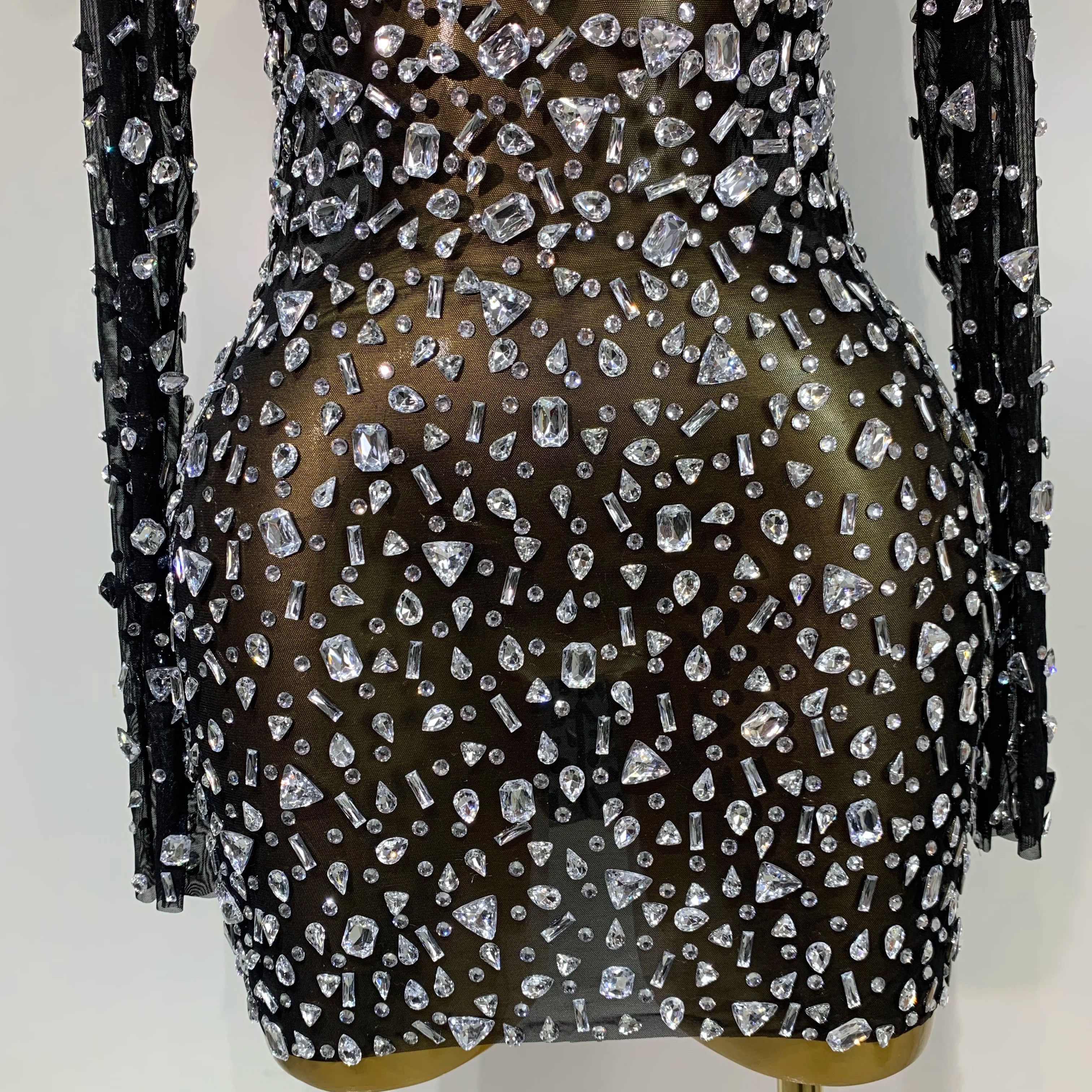 Sparkly Rhinestone Sexy Transparent Mini Dress Celebrity Evening Party Prom Birthday Photo Shoot Nightclub Stage Costume
