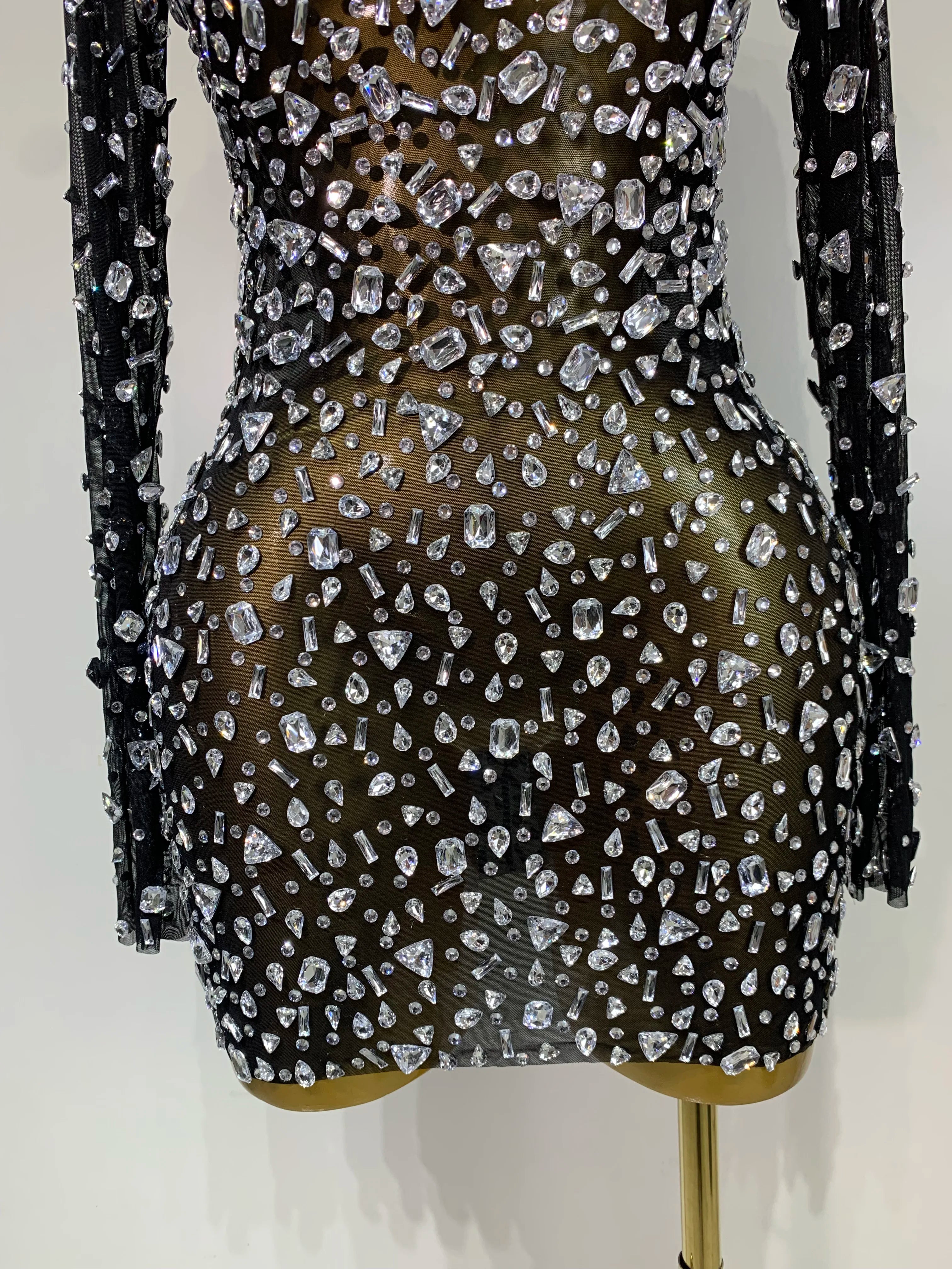 Sparkly Rhinestone Sexy Transparent Mini Dress Celebrity Evening Party Prom Birthday Photo Shoot Nightclub Stage Costume