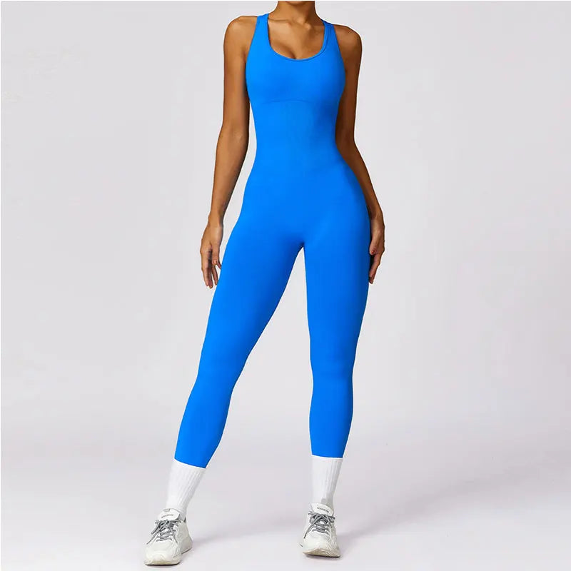 New Yoga Set Seamless Women's Jumpsuits One-Piece Gym Push Up Workout Clothes Fitness Bodysuit Sportswear Tracksuit Short Sleeve ink blue