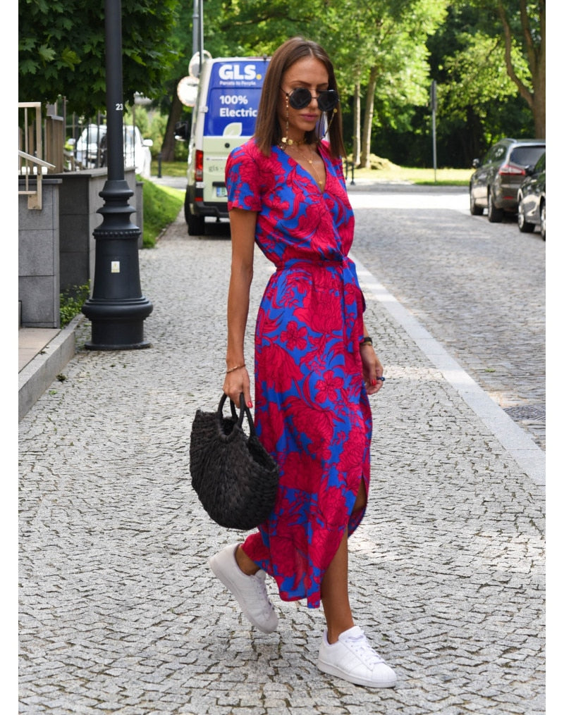Women Casual Floral Print Dress Summer Elegant V-neck Short Sleeve Waist Lace Up Maxi Dresses Female Holiday Split Long Dress