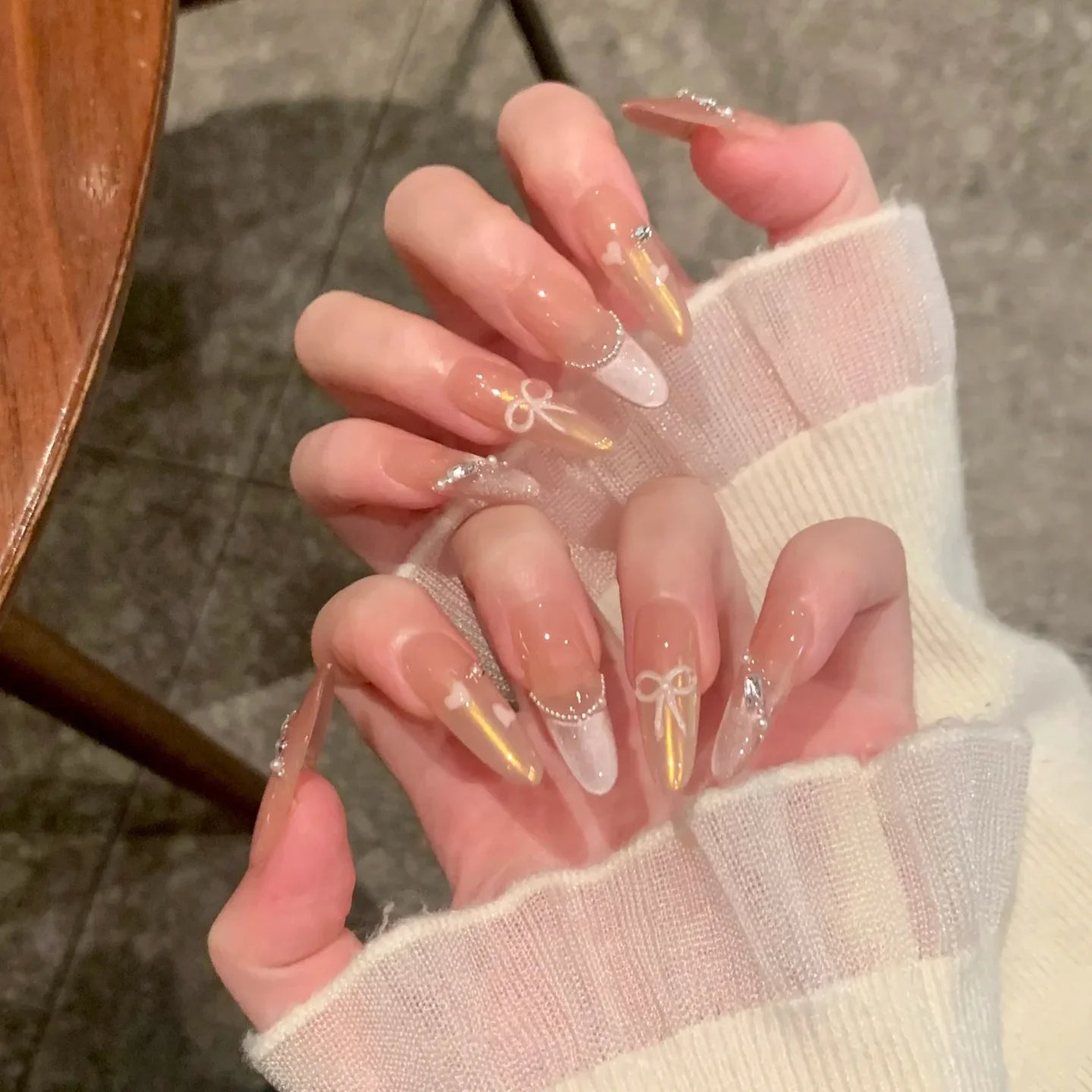 24Pcs French False Nails With Purple Edge Almond Bow Flower Design Detachable Acrylic Fake Nails Long Stiletto Press On Nails 21