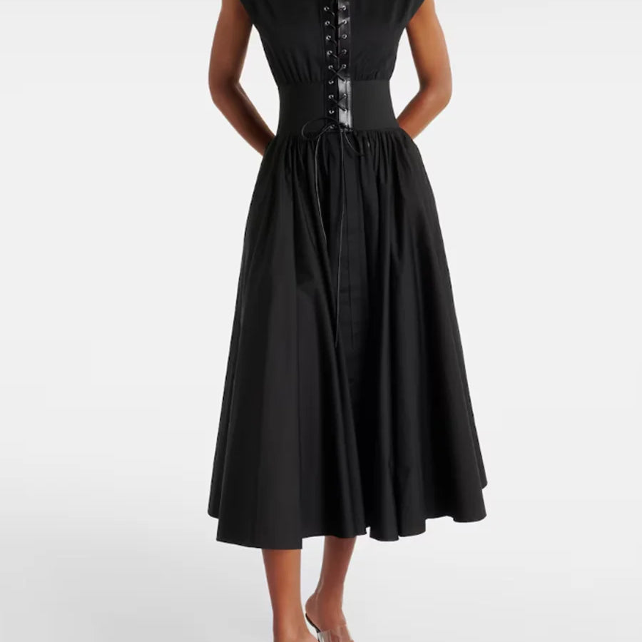 Solid Slimming Spliced Lace Up Elegant Dresses for Women Round Neck Sleeveless Patchwork Folds Dress Female Fashion