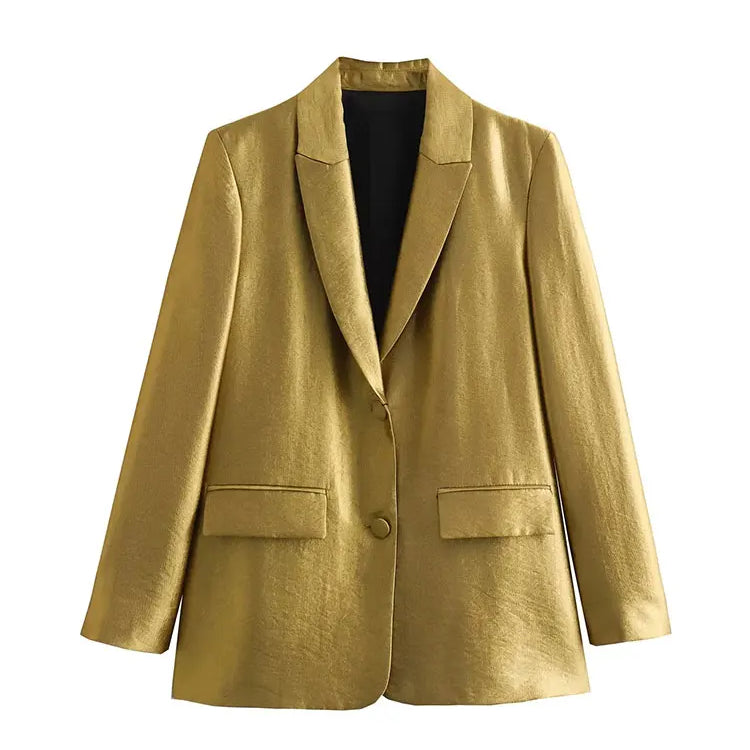 TRAFZA Autumn New Women's Fashion Gold Blazer Retro V Neck Party Long Sleeve Button Up Women's Pocket Casual Blazer Chic Top